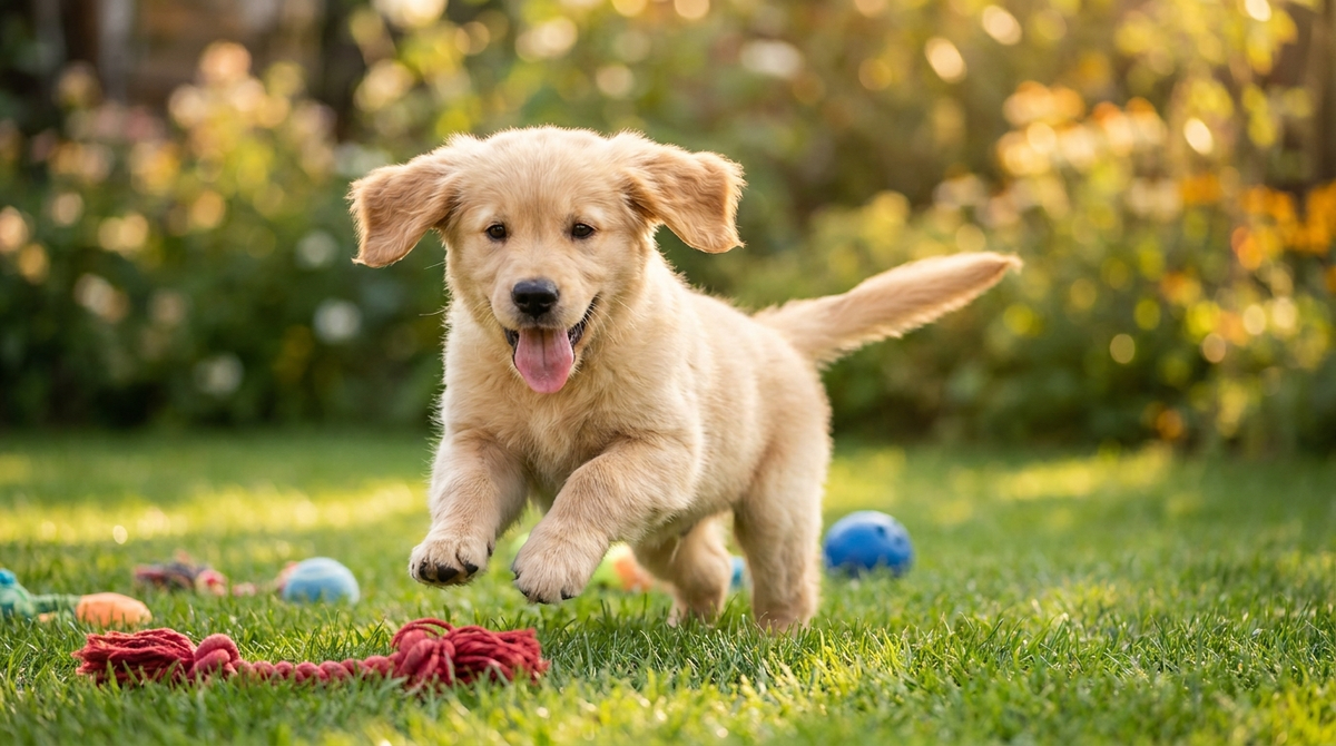 Playful golden retriever puppy playing in backyard