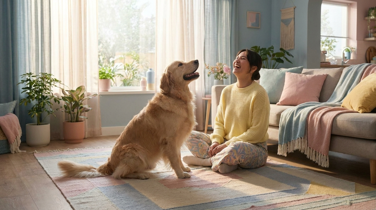 Owner laughing with golden retriever on rug, no accessories